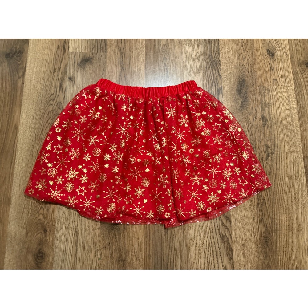 Holiday Time Skirt Girls Size S (6-6X) Red Skirt Tulle Gold Snowflake Stars